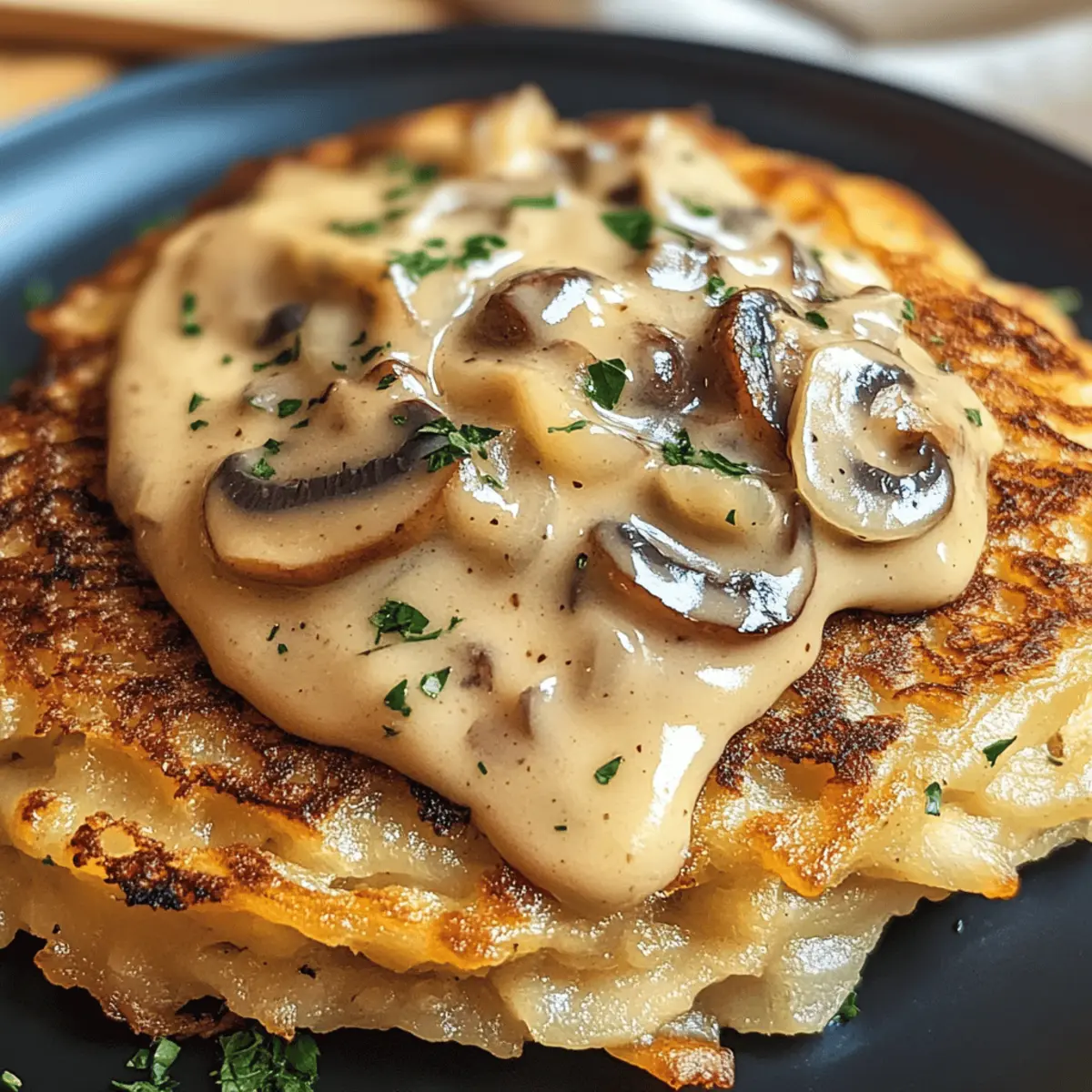 Mozzarella Rösti mit Zwiebel-Pilzrahmsoße zubereiten