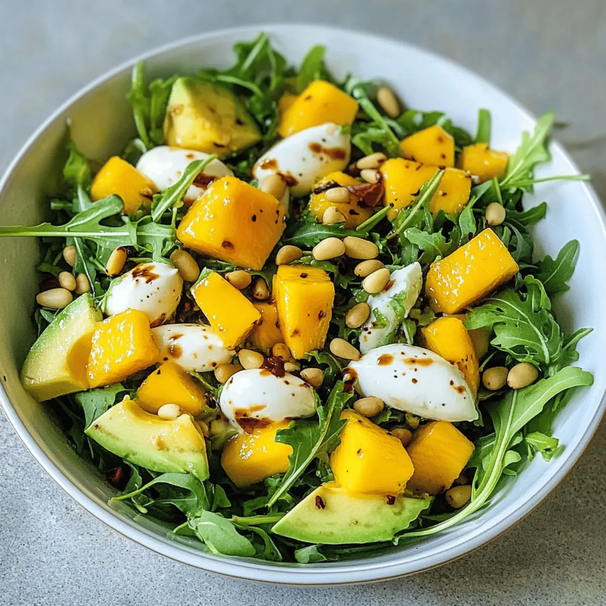 Rucola Mango Salat mit Pinienkernen für den Sommer
