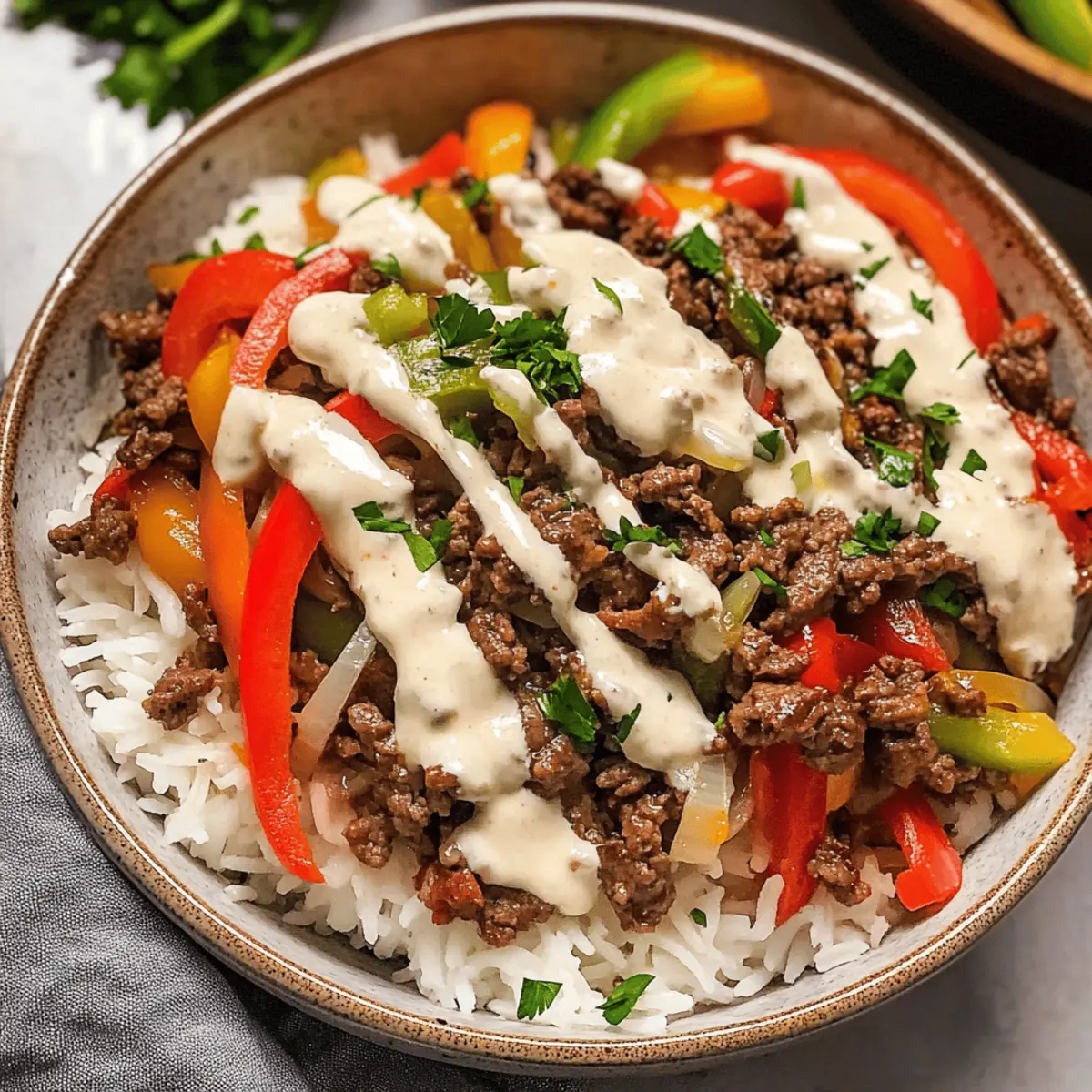 Mach dir eine Philly Cheesesteak Schüssel schnell & einfach!