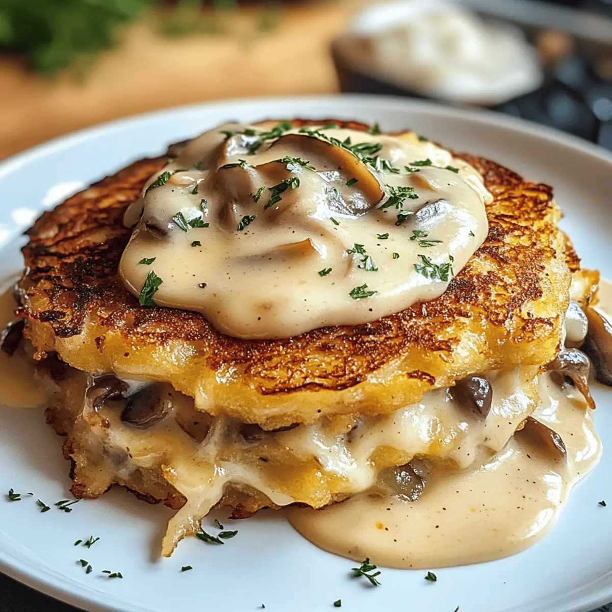 Mozzarella Rösti mit Zwiebel-Pilzrahmsoße genießen