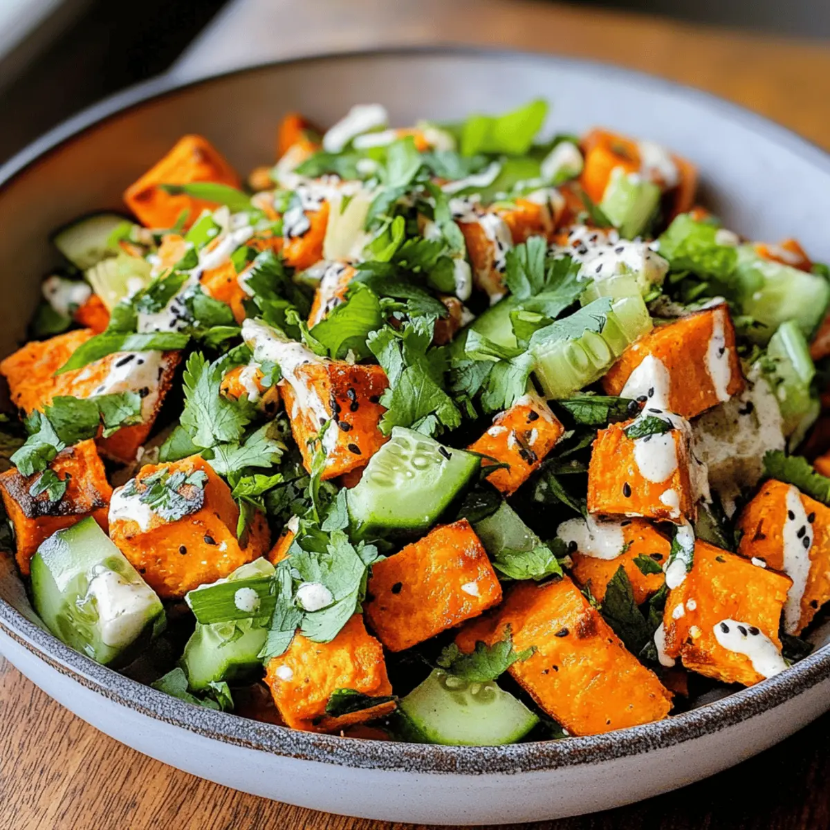 Süßkartoffel-Gurkensalat mit cremigem Miso-Dressing
