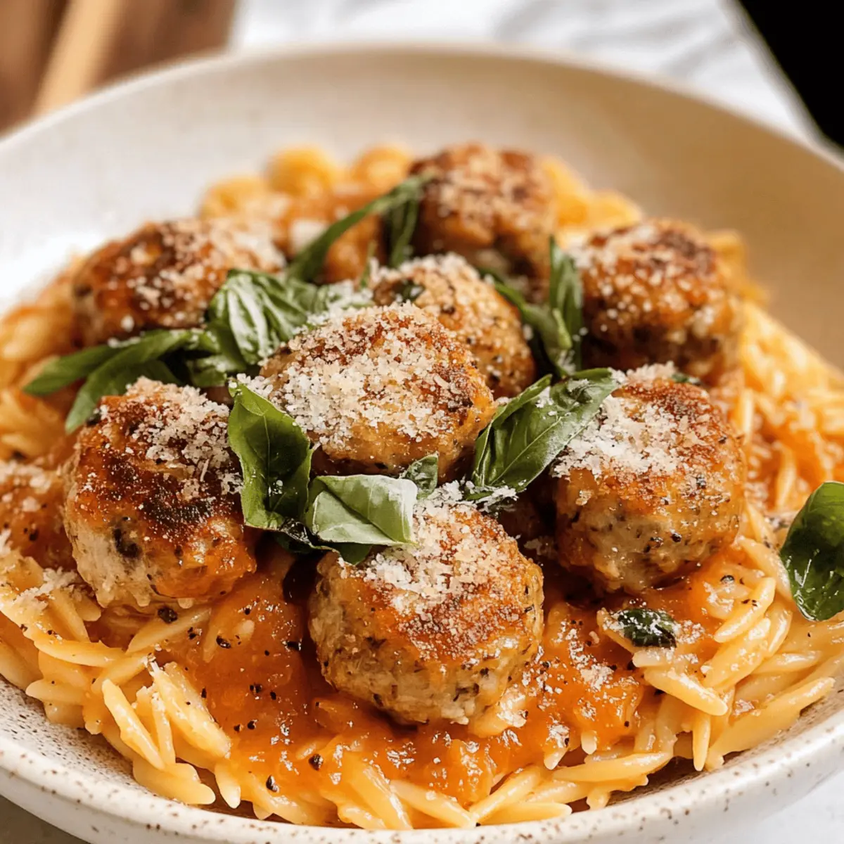 Parmesan Hähnchenfleischbällchen mit cremigem Tomatenorzo