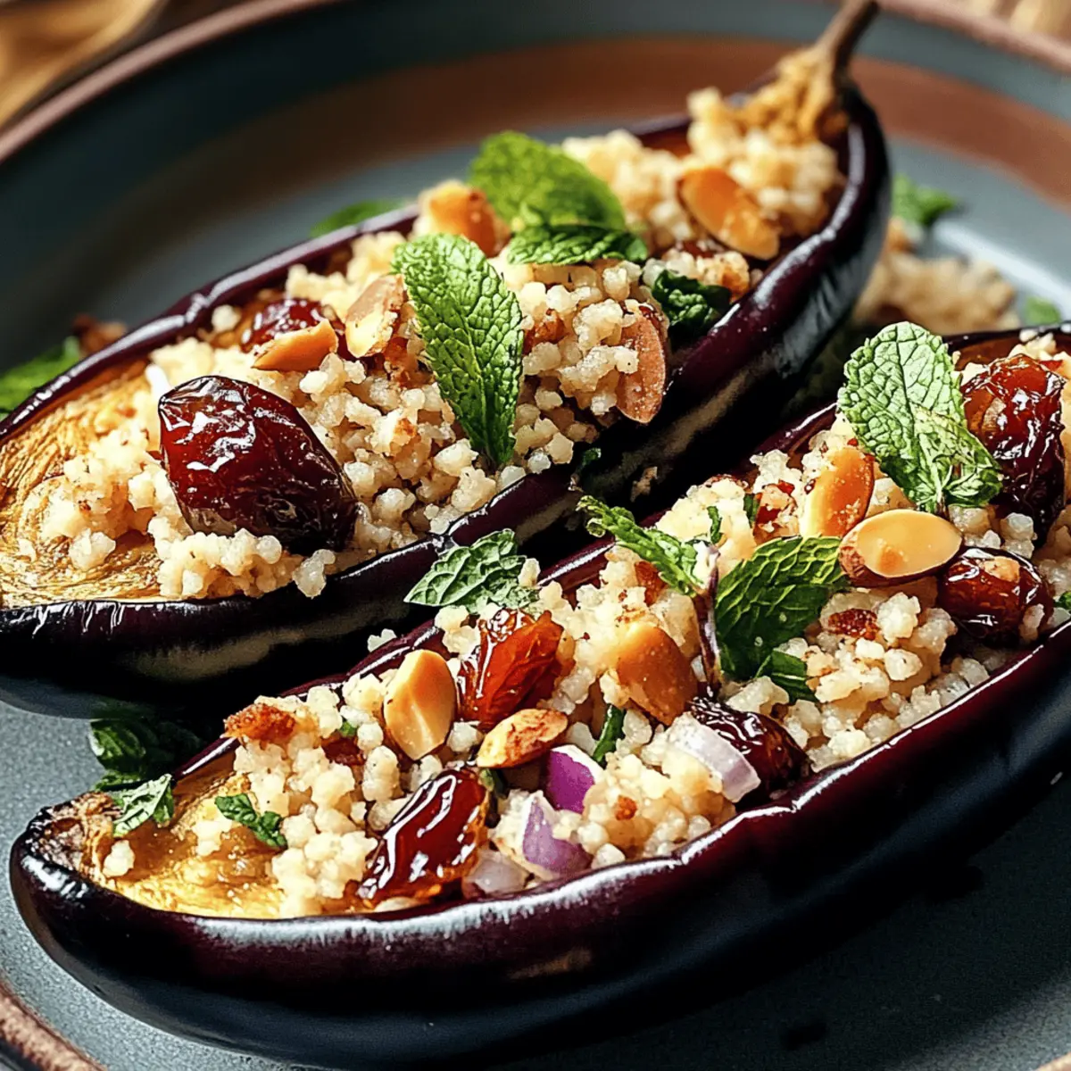 Auberginen mit Dattel-Mandel-Couscous und Minze schnell zubereitet