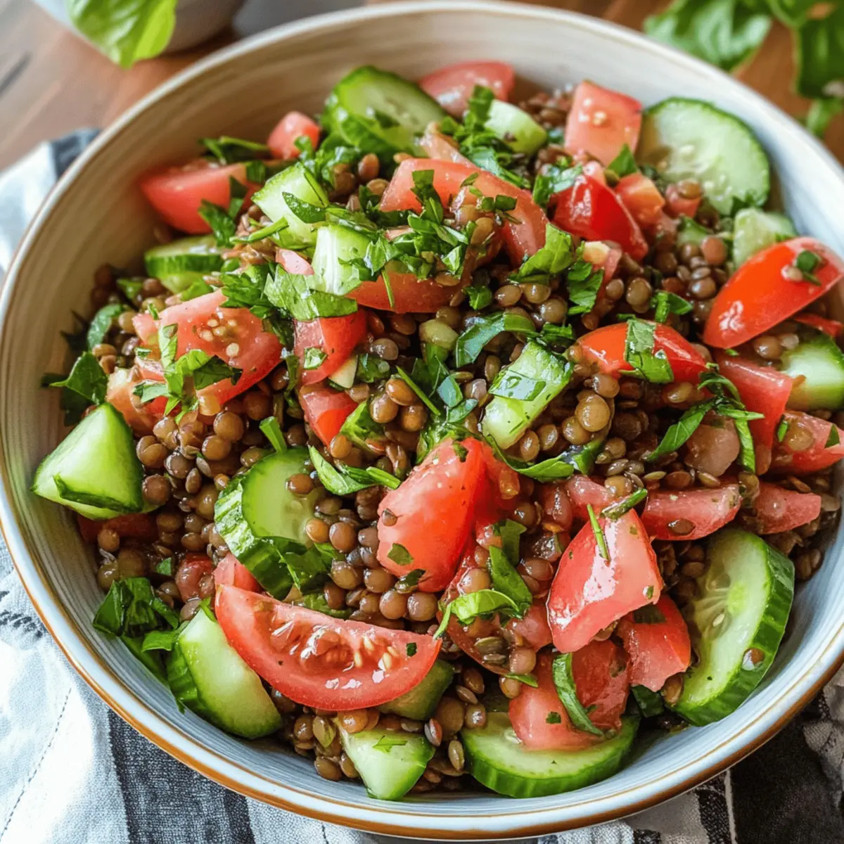 Linsensalat mit Tomaten und Gurken für den Sommer