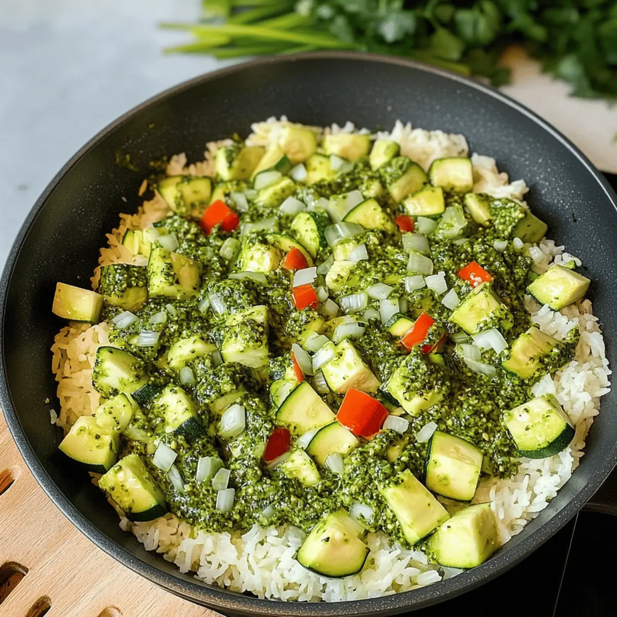 Zucchini-Pfanne mit Reis – veganes Pesto-Highlight