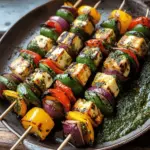 Grilled vegetable skewers with halloumi & chimichurri