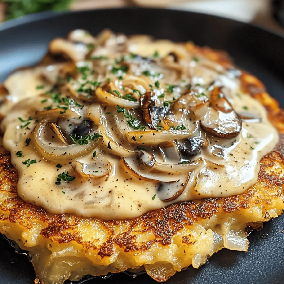 Mozzarella Rösti mit Zwiebel-Pilzrahmsoße genießen