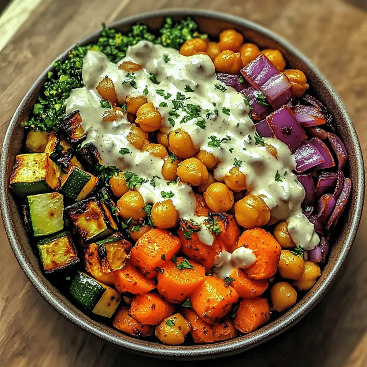 Geröstete Gemüse-Kichererbsen-Bowl mit Ahorn-Dijon-Dressing