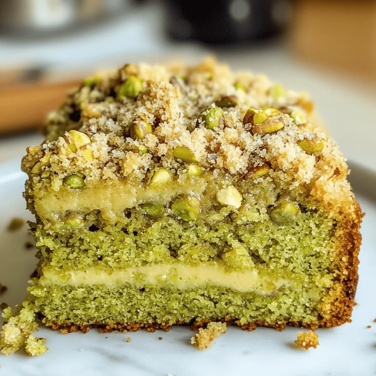 Veganer Pistazien-Kaffeekuchen mit knusprigem Topping