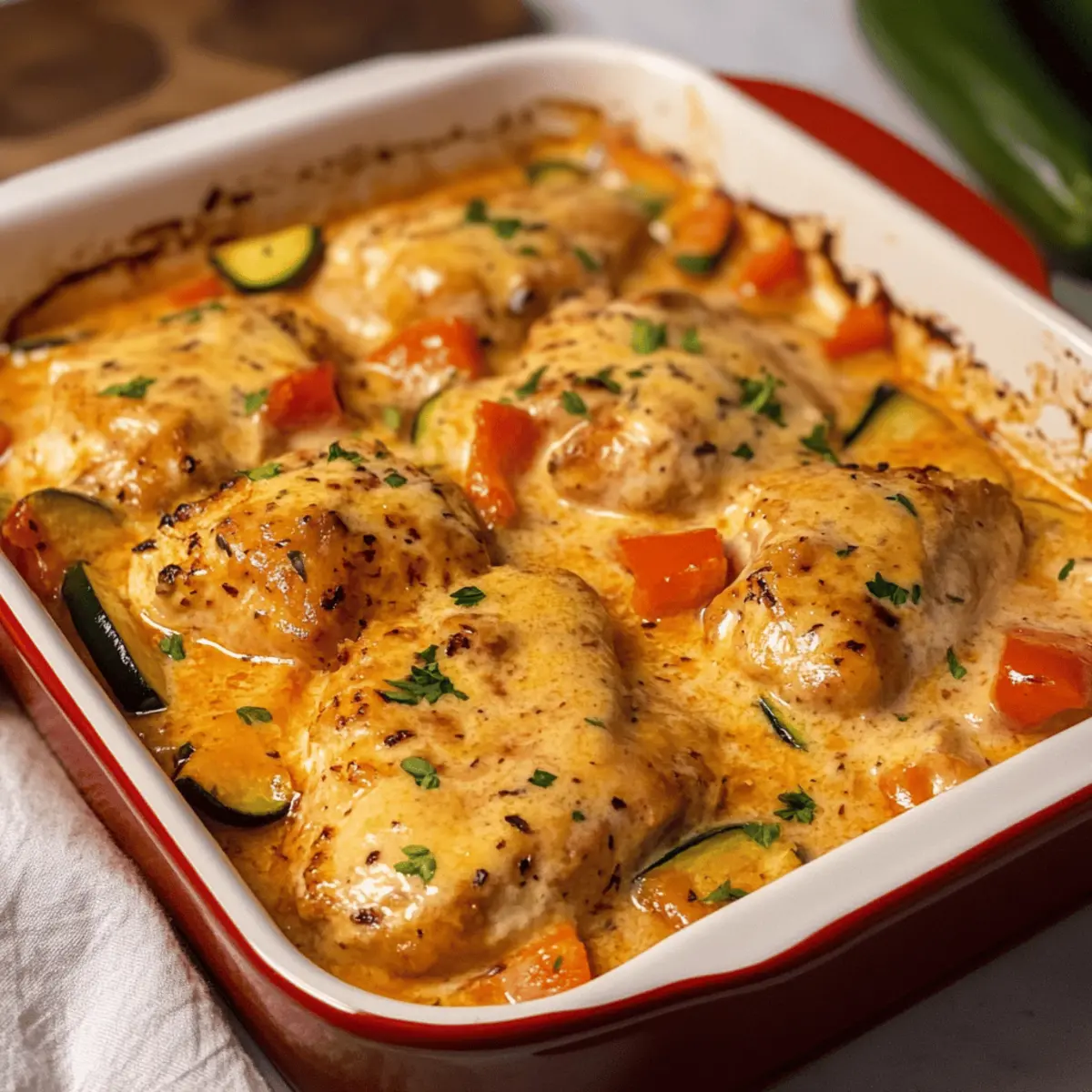 Hähnchenbrust Zucchini Bett aus dem Ofen genießen
