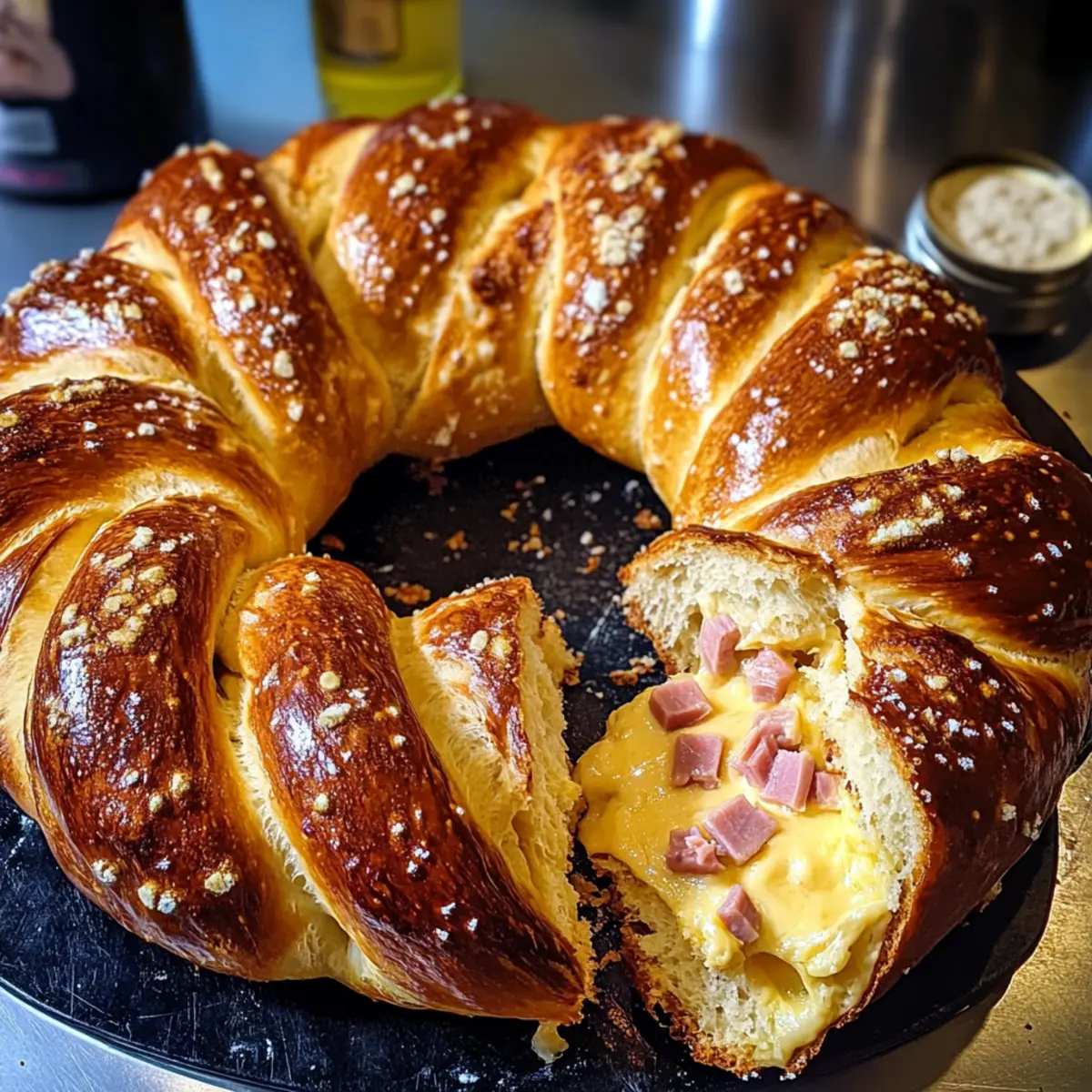 Bayerischer Schinken- und Käse gefüllter Brezelkranz