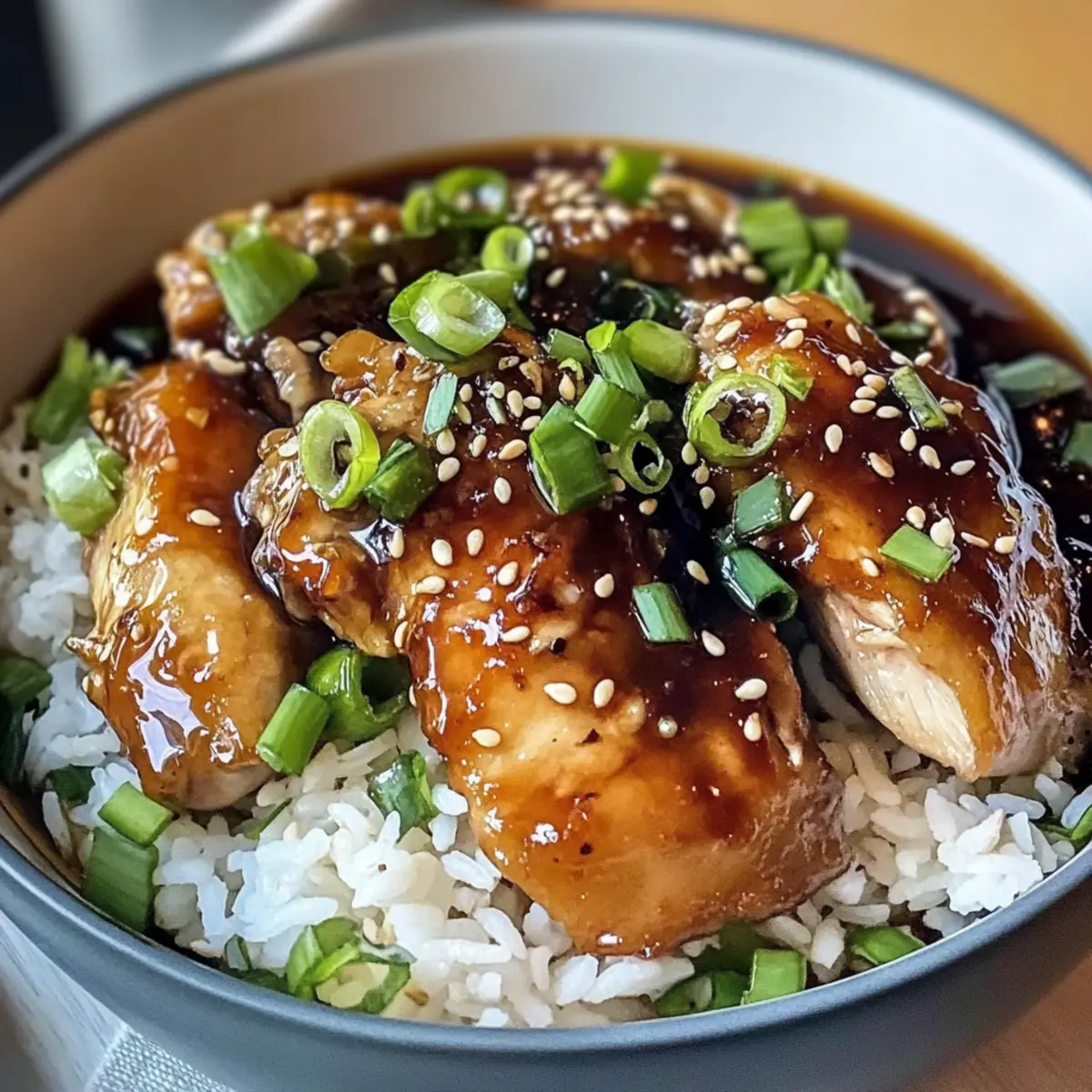 Karamellisierter Soja-Hühnchen mit Ingwer-Brühe und Reis