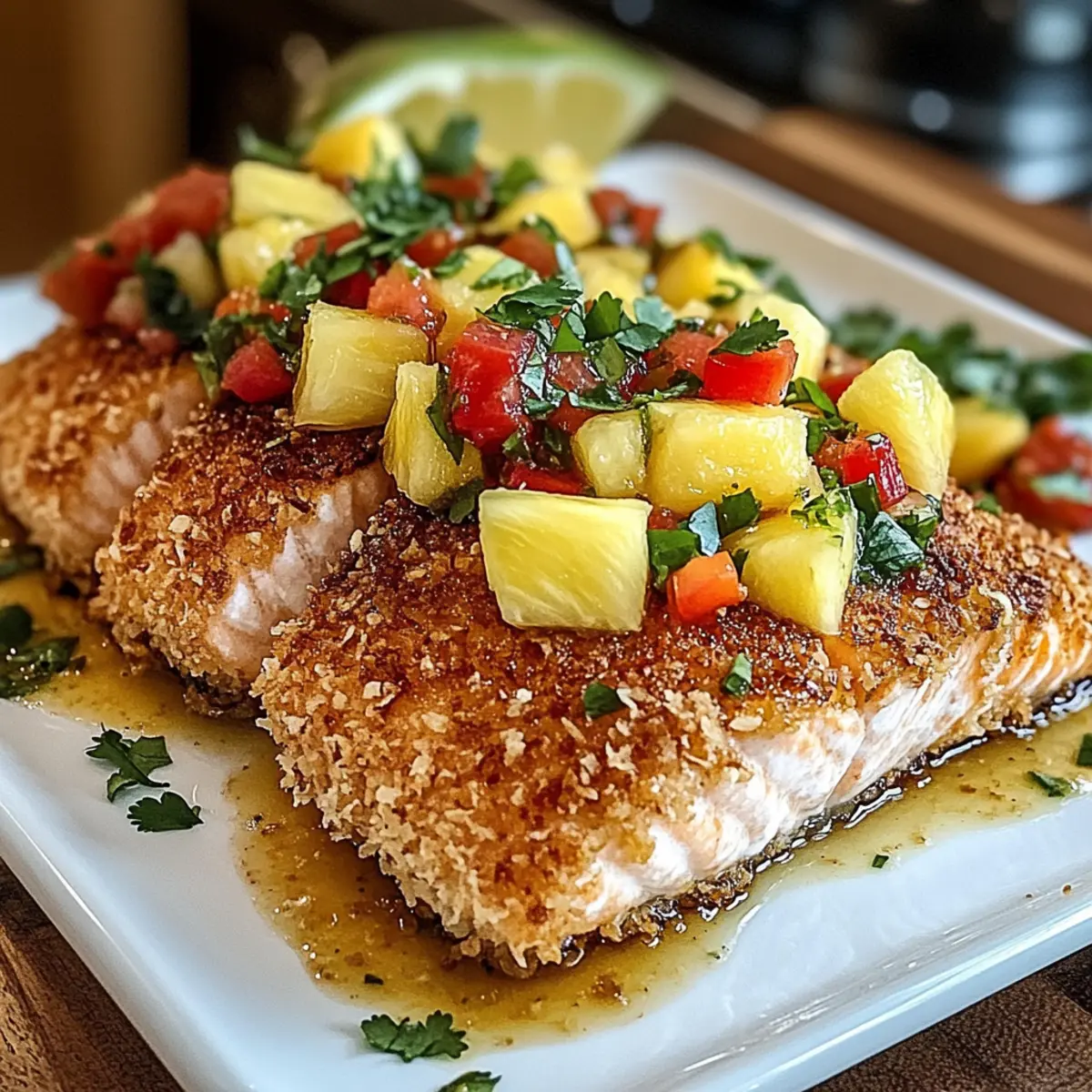 Kokosnusskruste Lachs mit Ananas Salsa genießen
