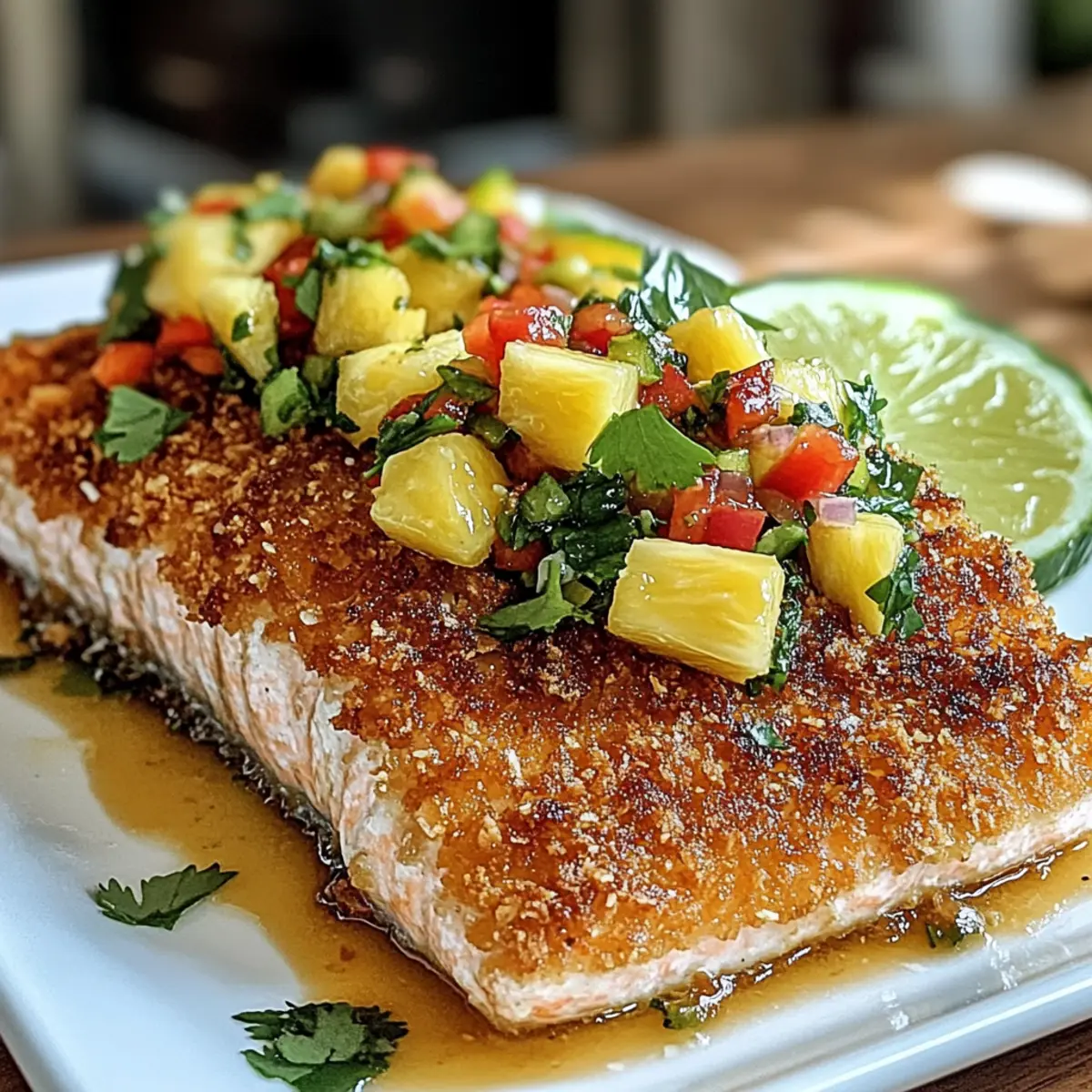 Kokosnusskrustierter Lachs mit Ananassalsa genießen