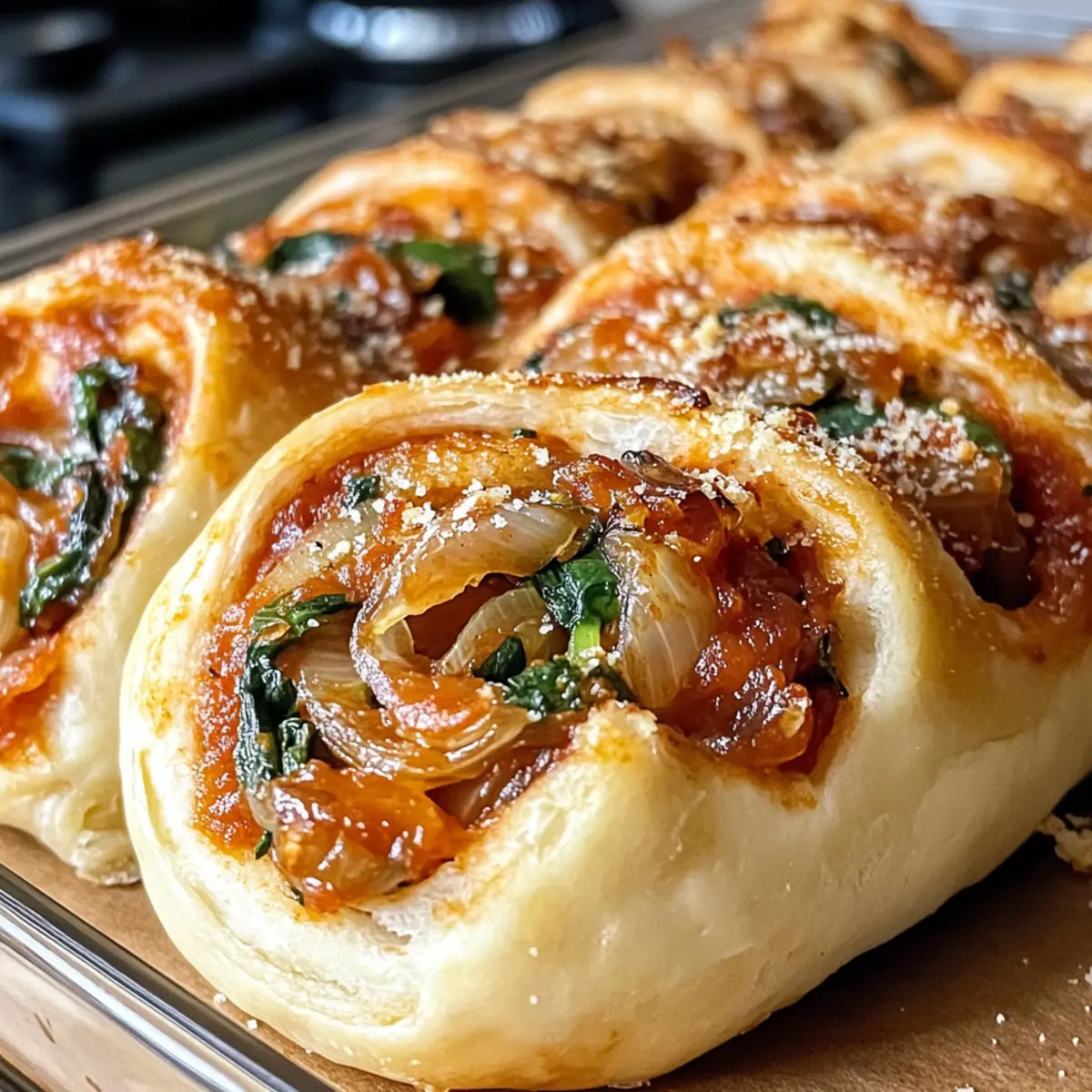 Vegane karamellisierte Zwiebel- und Spinat-Pizzarollen