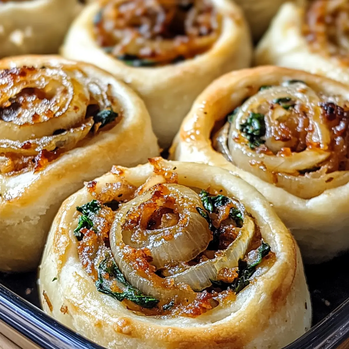 Vegane karamellisierte Zwiebel- und Spinatpizza-Rollen