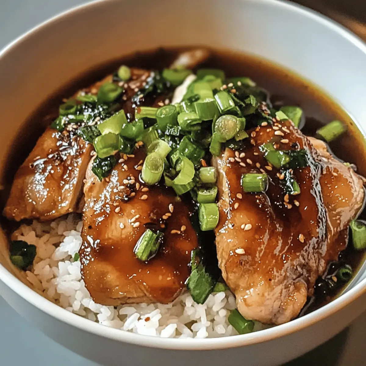 Karamellisierte Soja-Hähnchen in Brühe mit Reis