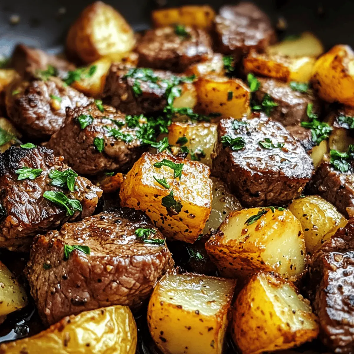 Cremige Knoblauchbutter Steakstücke und Kartoffeln schnell zubereitet