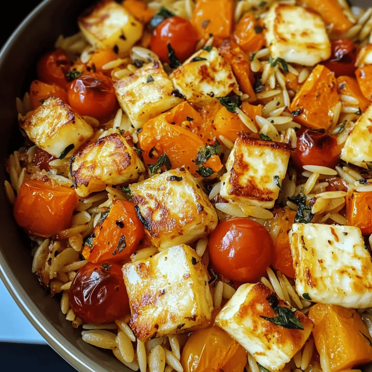 Herbstlicher Halloumi Orzo Auflauf