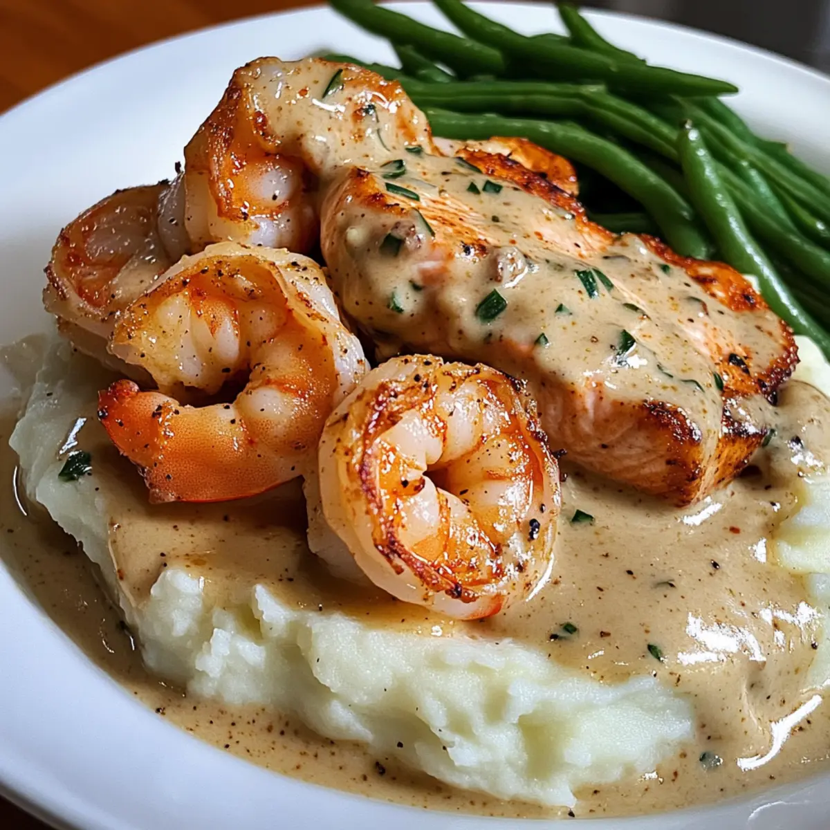 Kreolische Garnelen und Lachs mit Knoblauch-Cremesauce