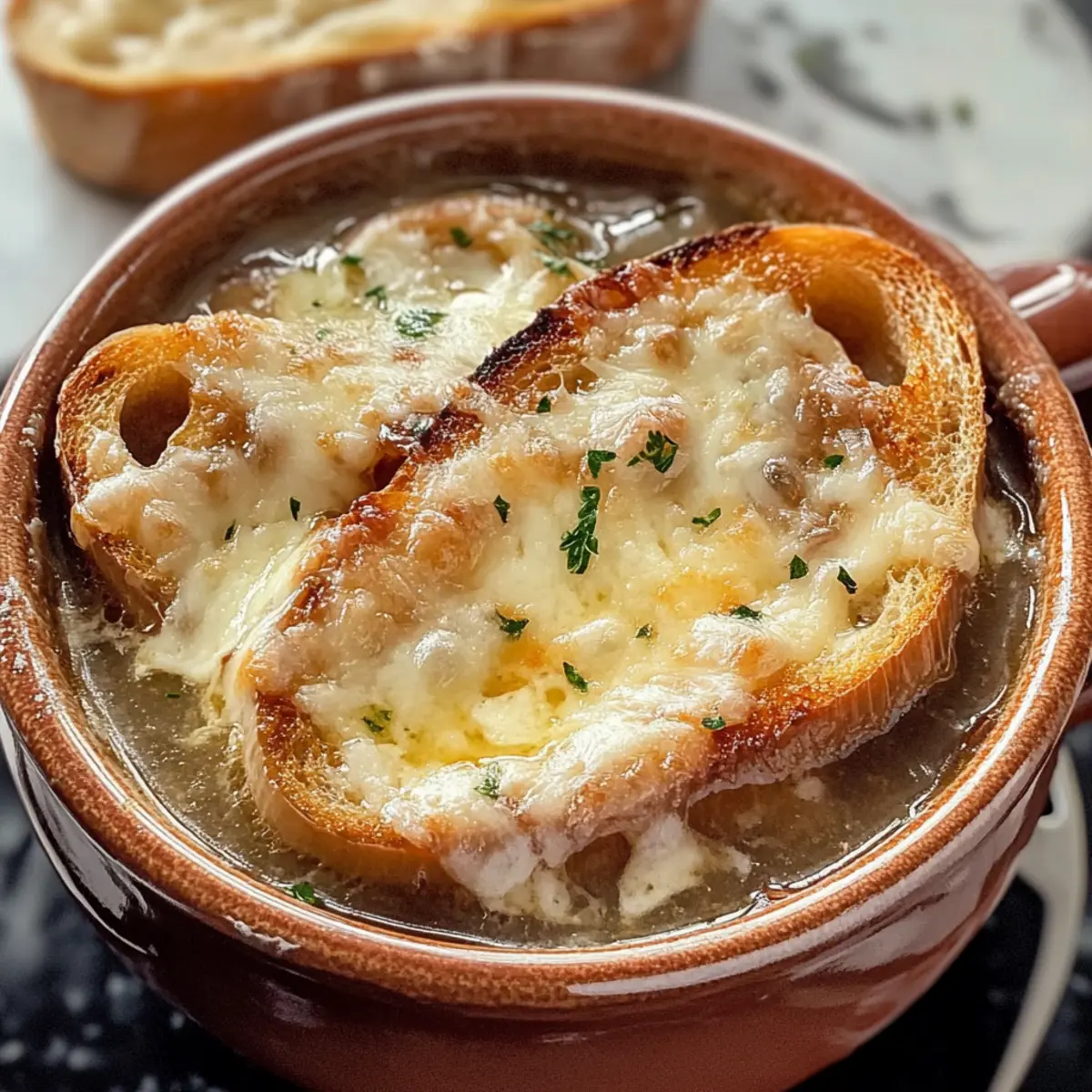 Einfache Zwiebelsuppe mit drei Käsesorten