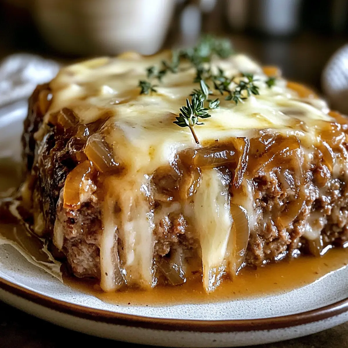 Französische Zwiebel Hackbraten mit geschmolzenem Käse