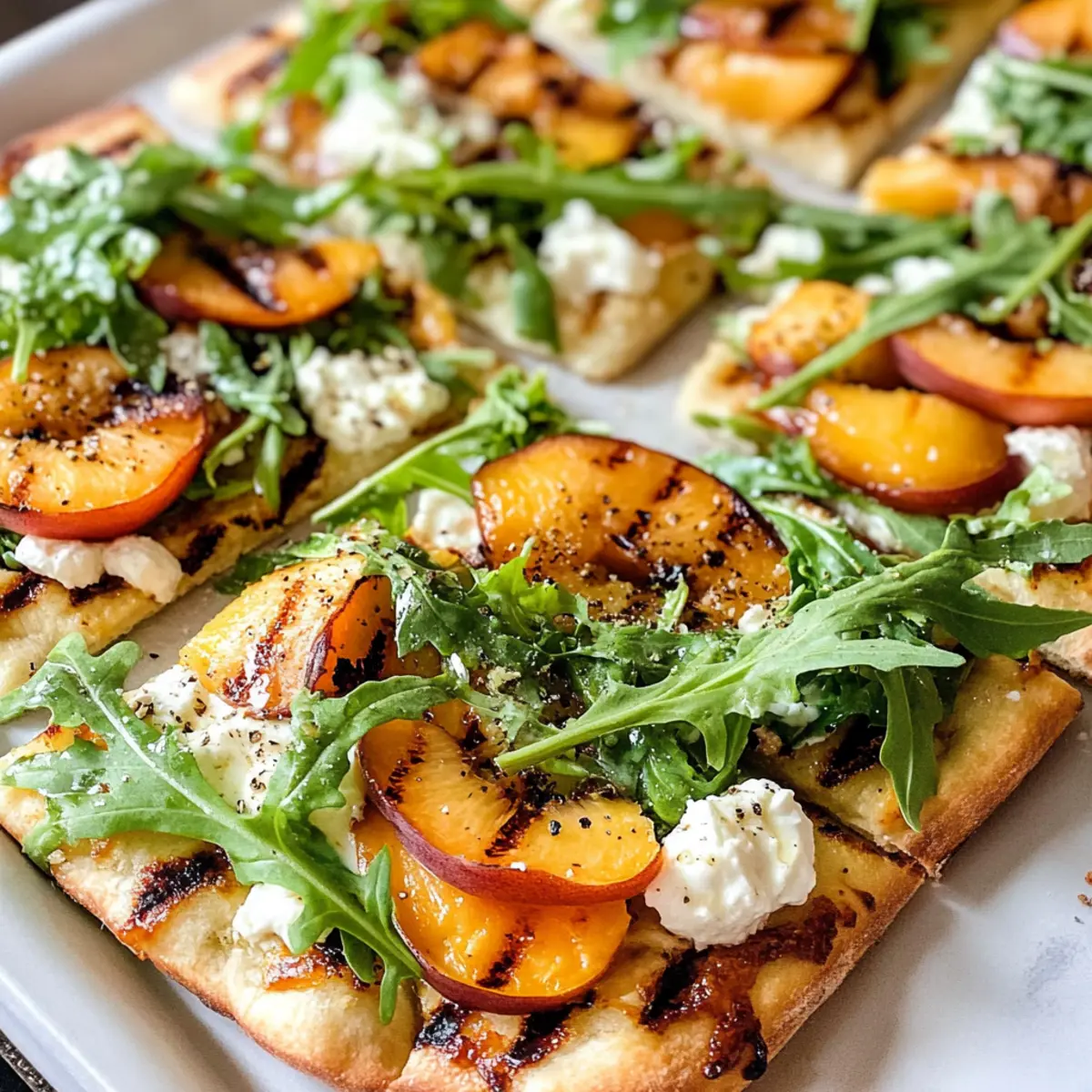 Gegrillte Pfirsich- und Rucola-Fladenbrotpizza für den Sommer