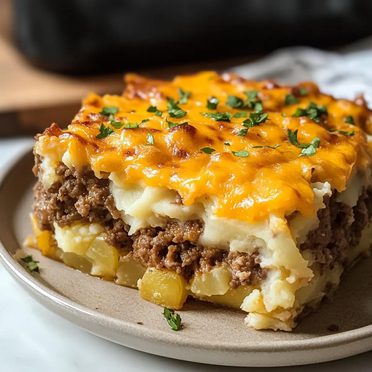 Beladene Kartoffel- und Hackbraten-Auflauf genießen