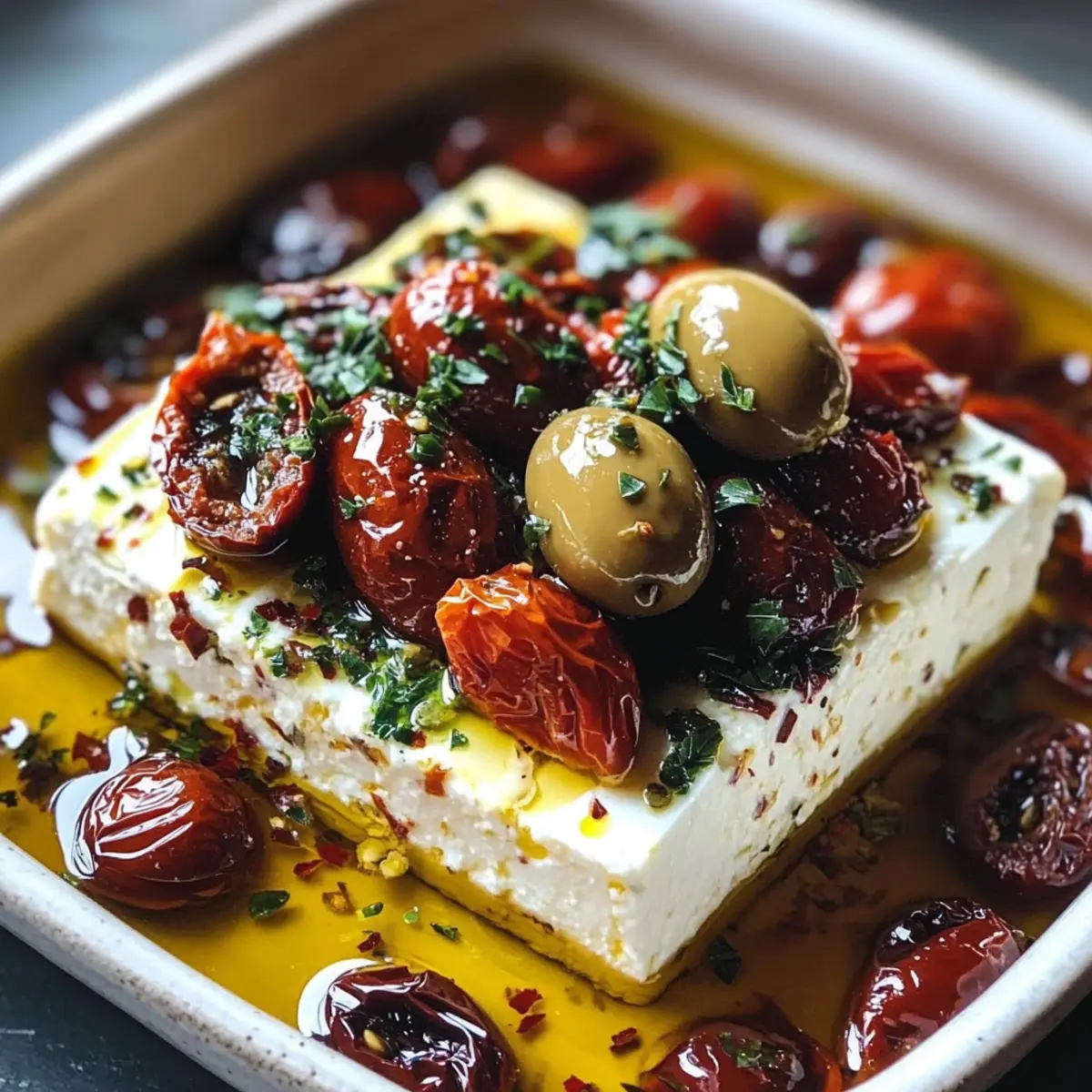 Mediterrane gebackene Feta mit Oliven und getrockneten Tomaten