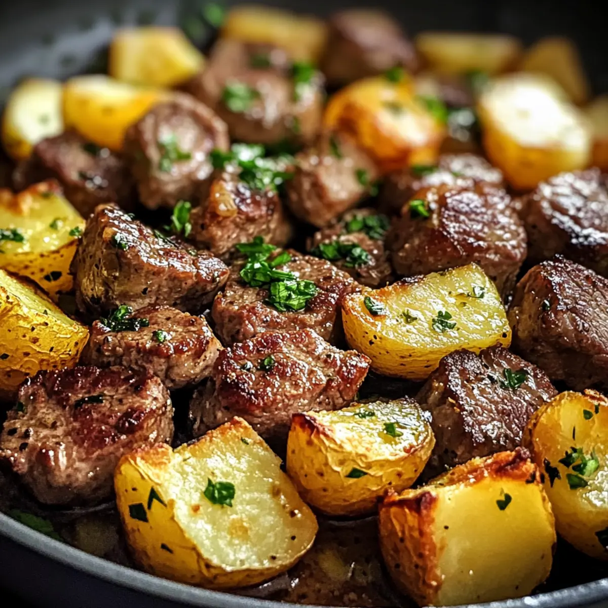 Cremige Knoblauchbutter-Steakbissen und Kartoffeln schnell genießbar