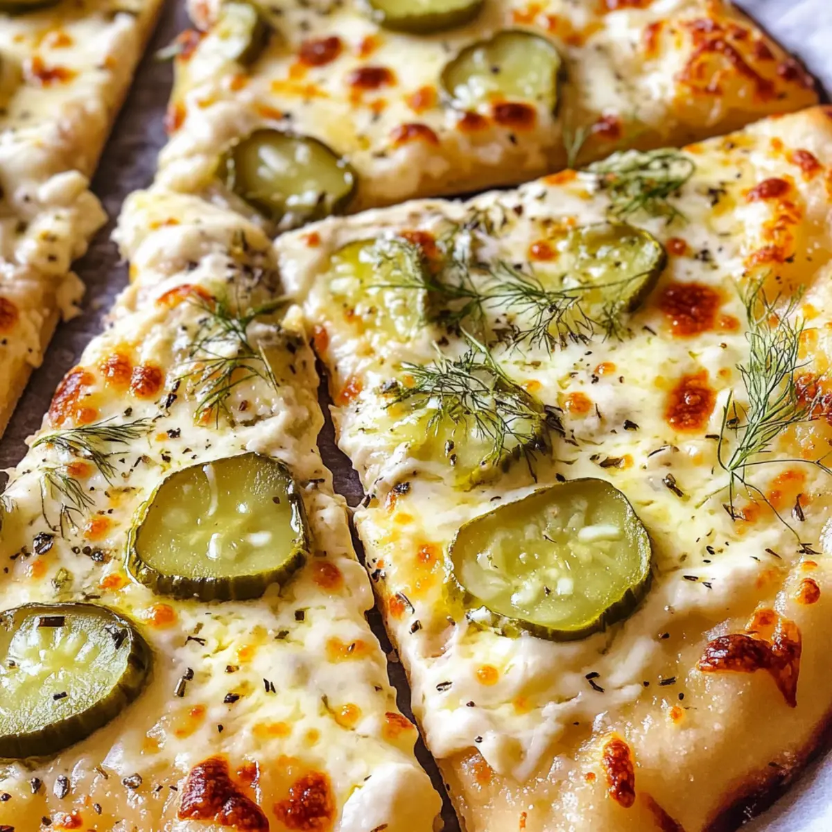 Cremige weiße Knoblauch-Dill-Gurken-Pizza genießen