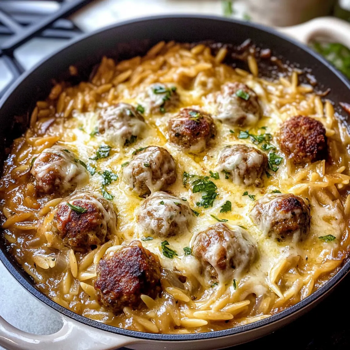 Französische Zwiebel Orzo Auflauf mit Fleischbällchen
