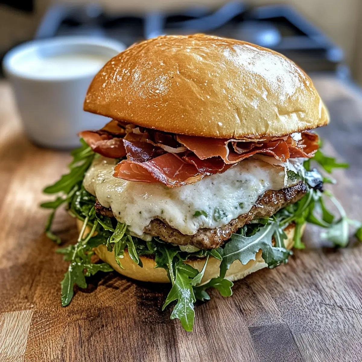 Italienischer Burger mit knusprigem Prosciutto