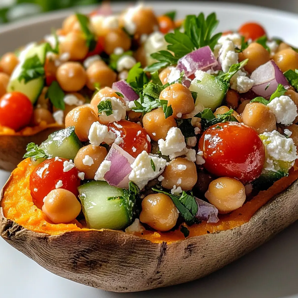 Mediterrane gefüllte Süßkartoffeln mit Kichererbsen