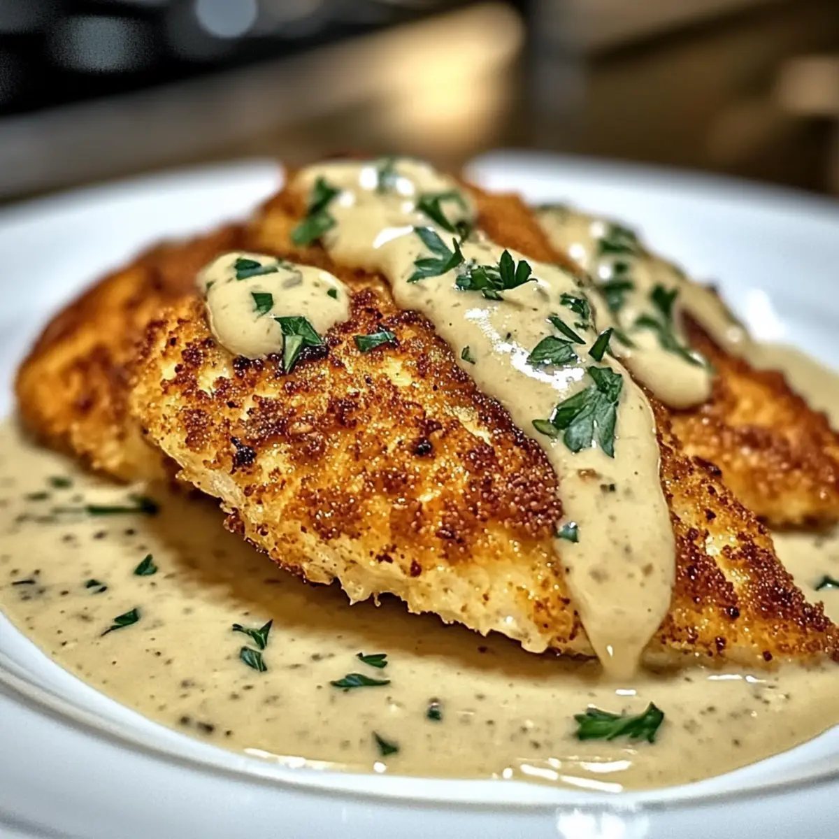Parmesan-Kruste-Hähnchen mit cremiger Knoblauchsoße