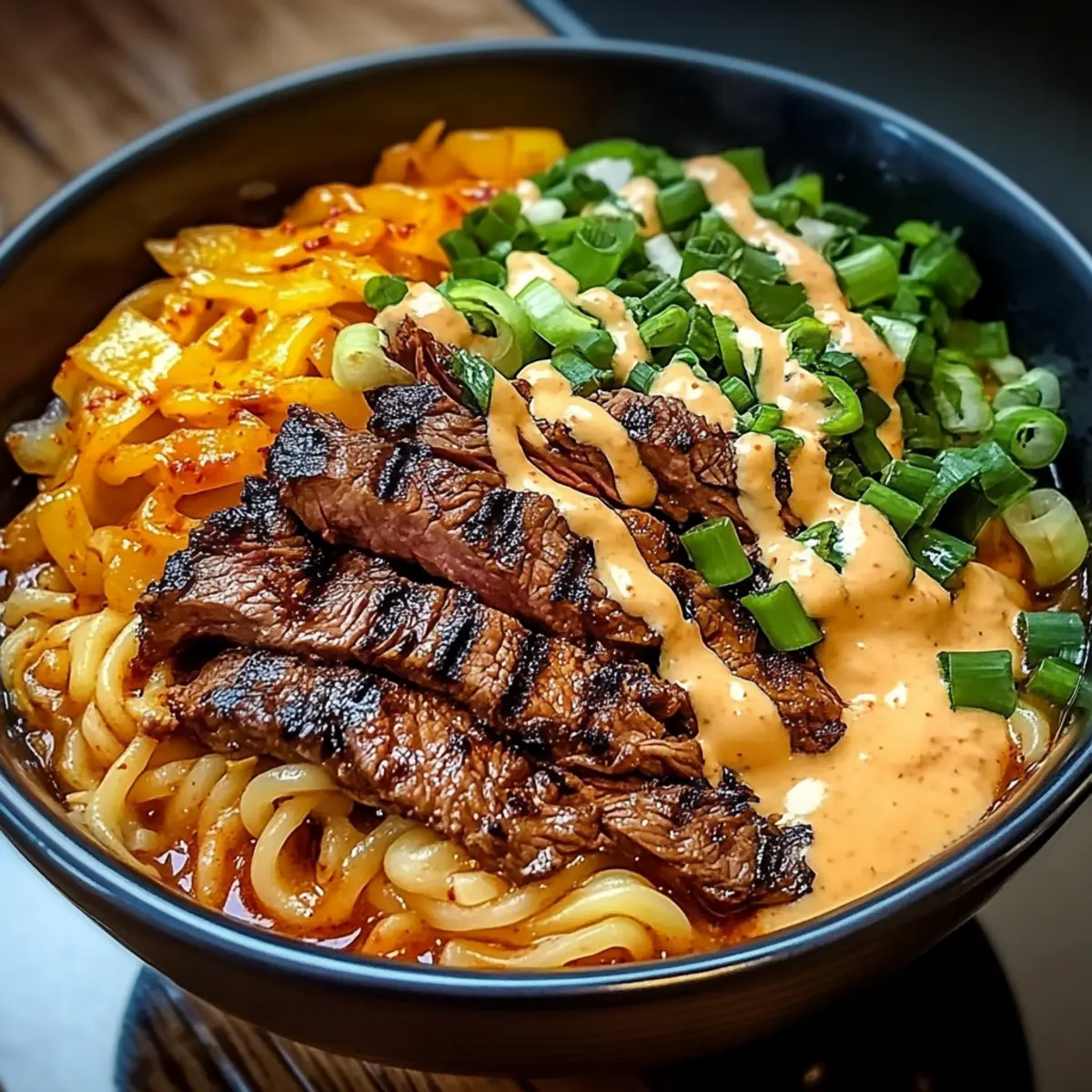 Scharfe koreanische Ramen mit gegrilltem Rindfleisch