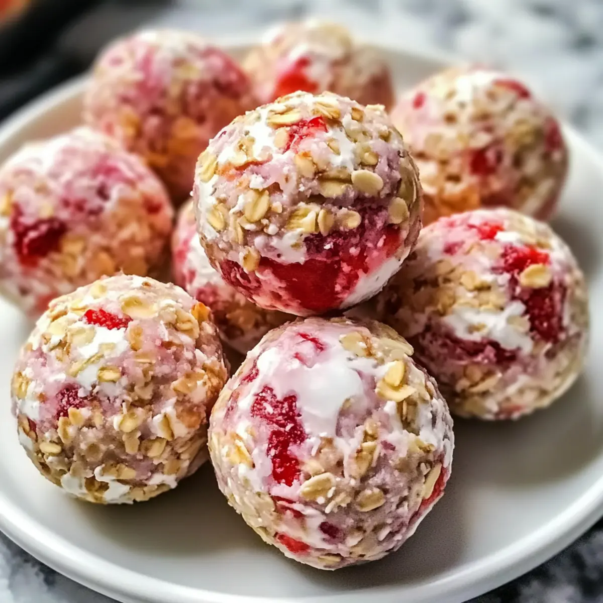 Erdbeer-Käsekuchen-Proteinballs für schnellen Snack Genuss
