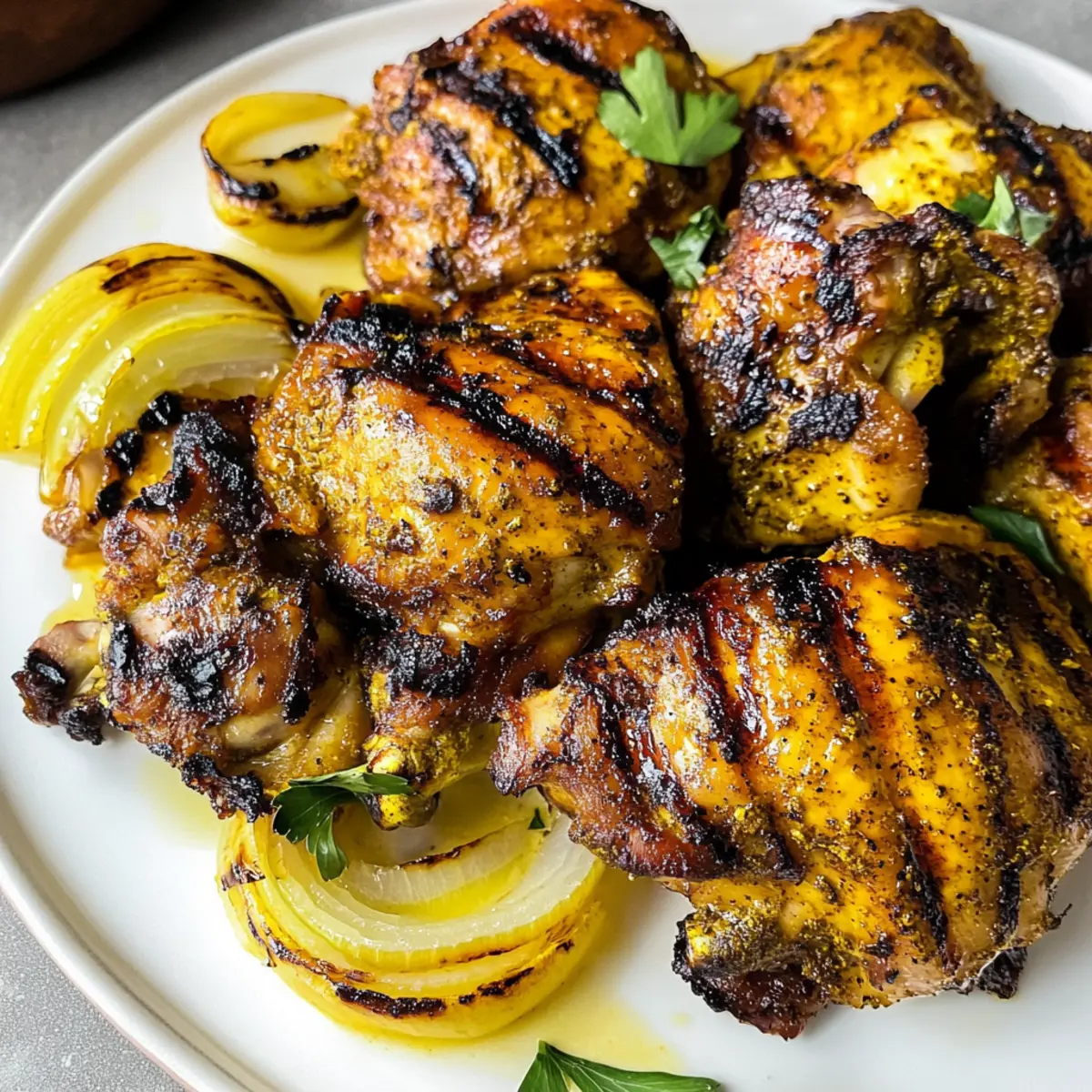 Gegrillte Kurkuma-Hähnchenschenkel mit Zitrone