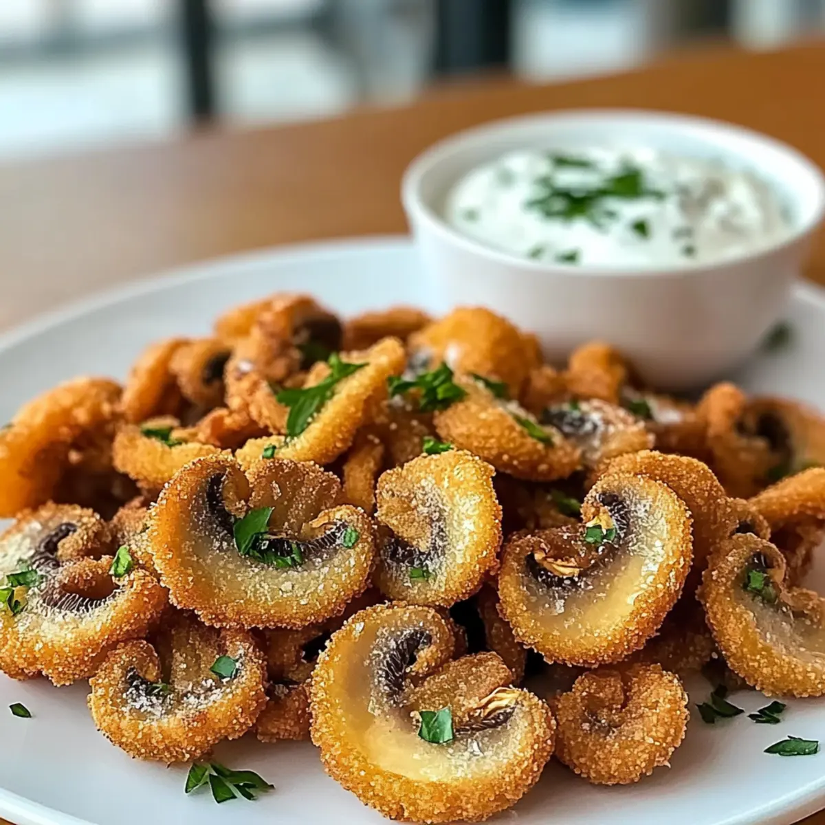 Knusprig frittierte geschnittene Champignons mit Dip