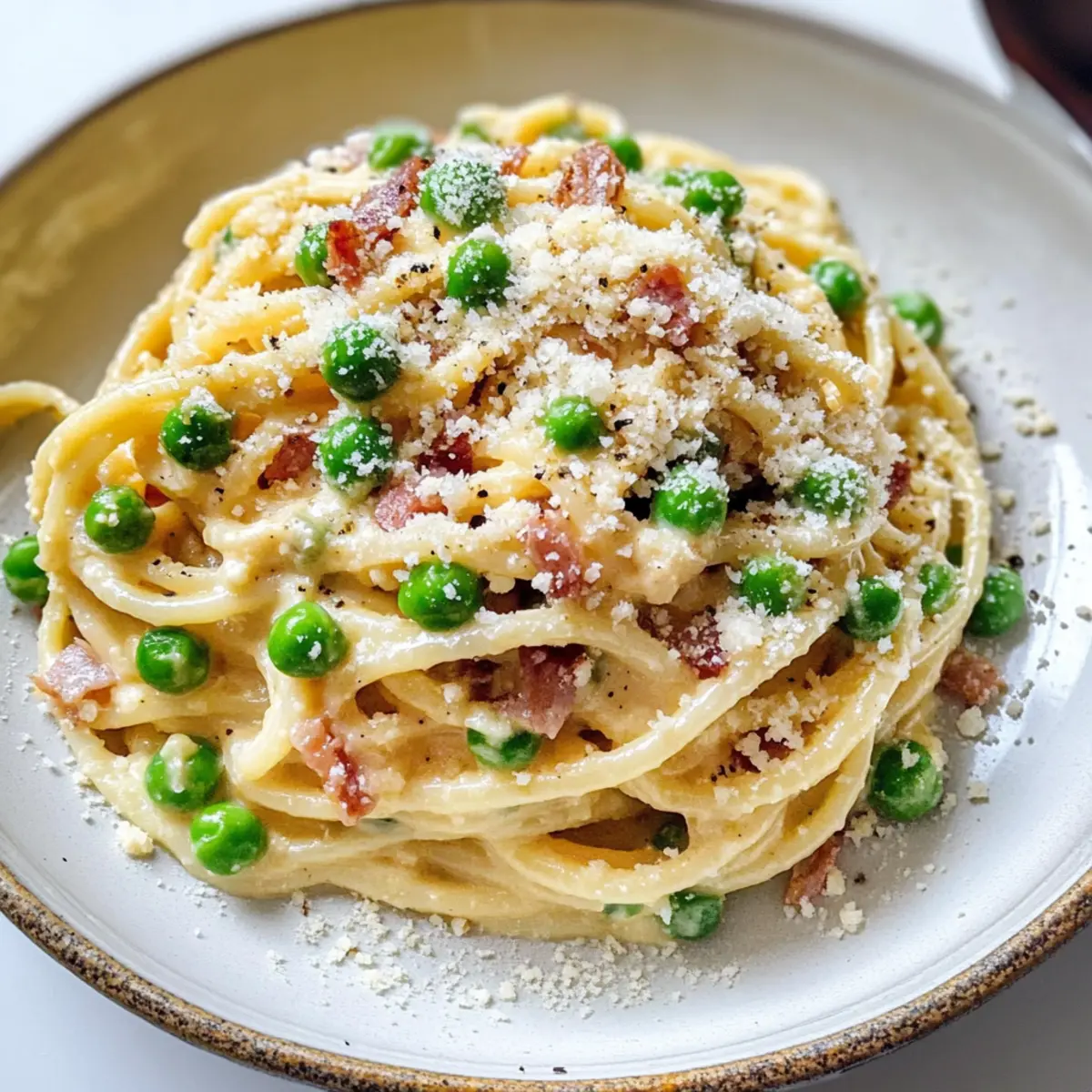 Spaghetti Carbonara mit Erbsen und Pancetta