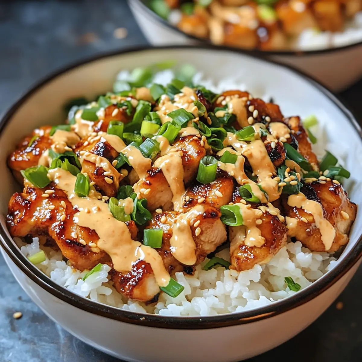 Aufkleber-Hühnchen-Reis-Schalen mit scharfer Mayo