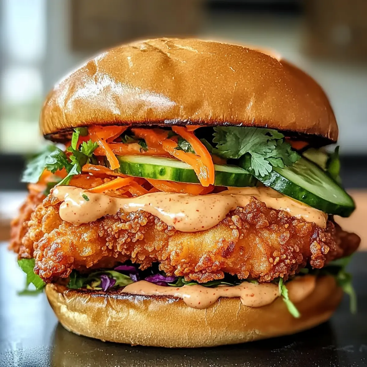 Thai gebratene Hähnchen-Sandwich mit würziger Mayo