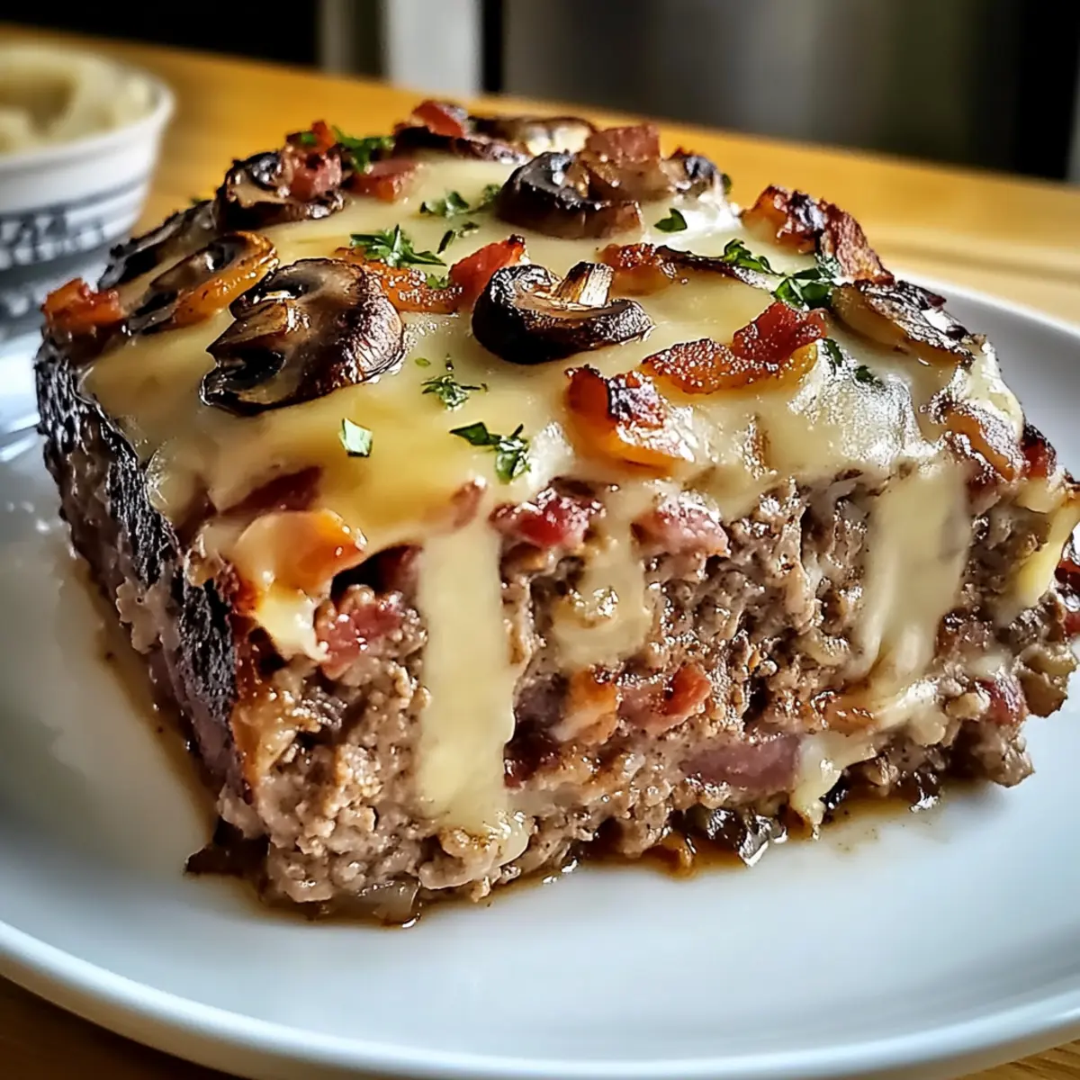 Bacon Pilz Schweizer Käse Fleischlaib leicht gemacht