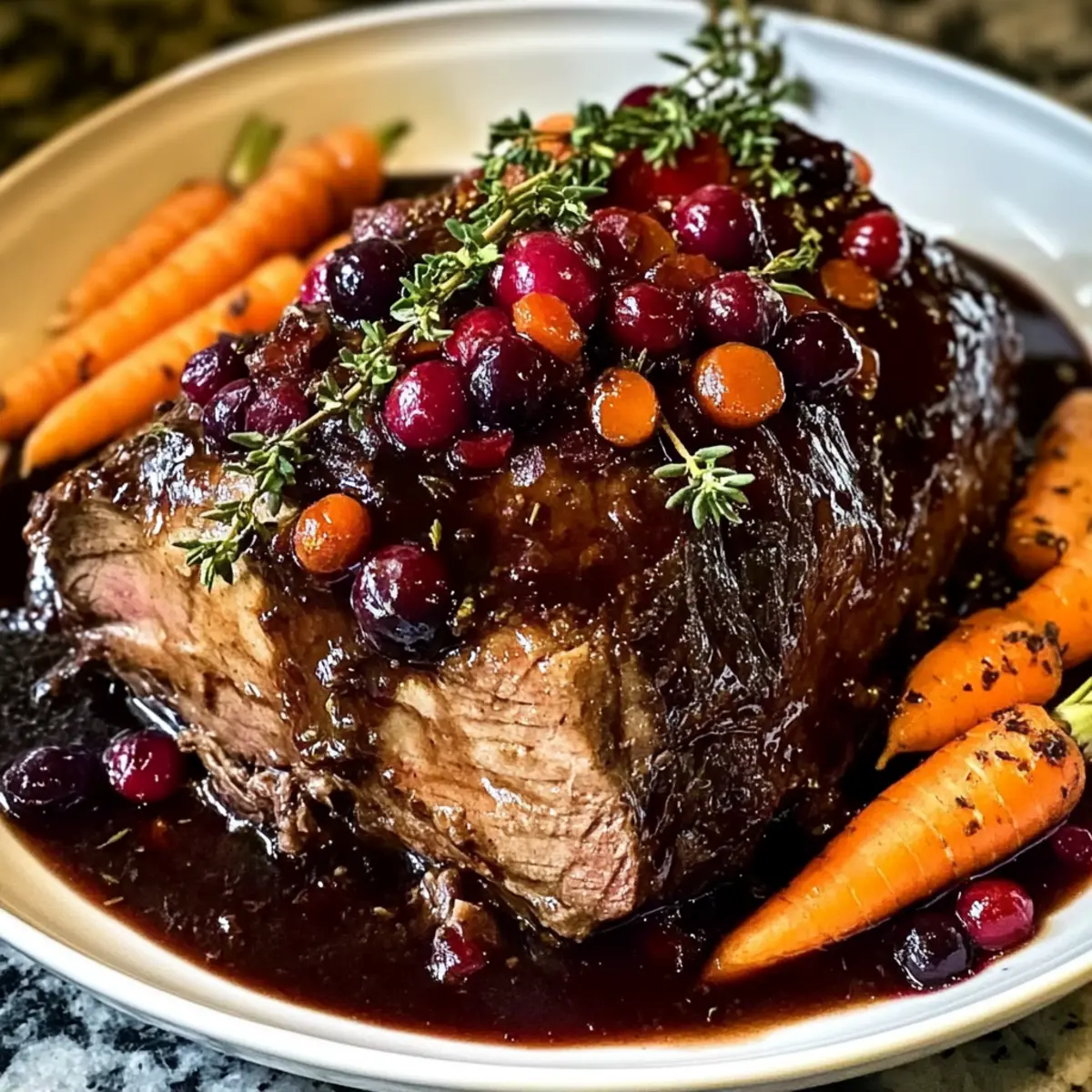 Langsam geschmorter Rinderbraten mit Cranberry-Balsamico-Glasur