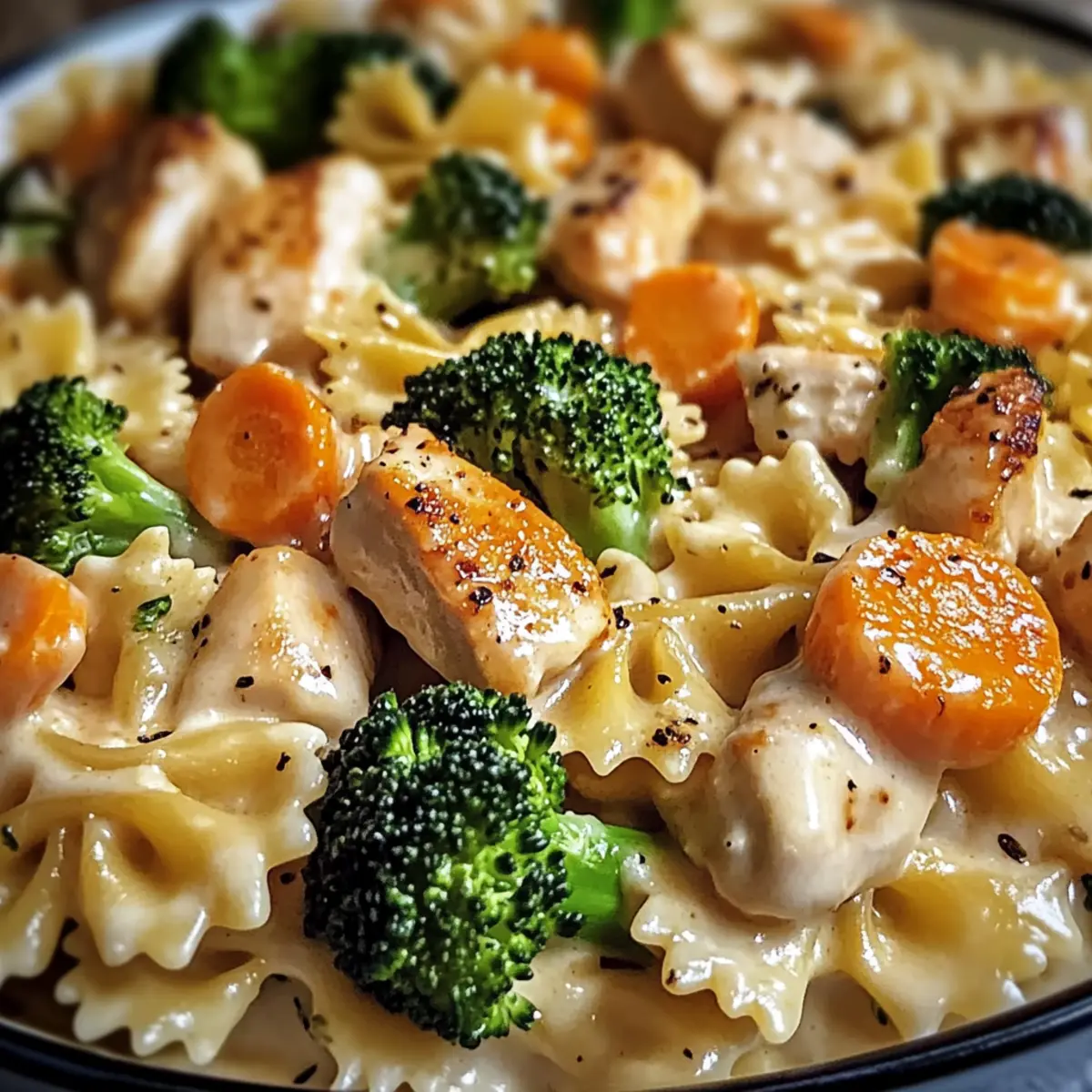 Cremige Cheddar- und Havarti-Hühnchen-Pasta mit Gemüse