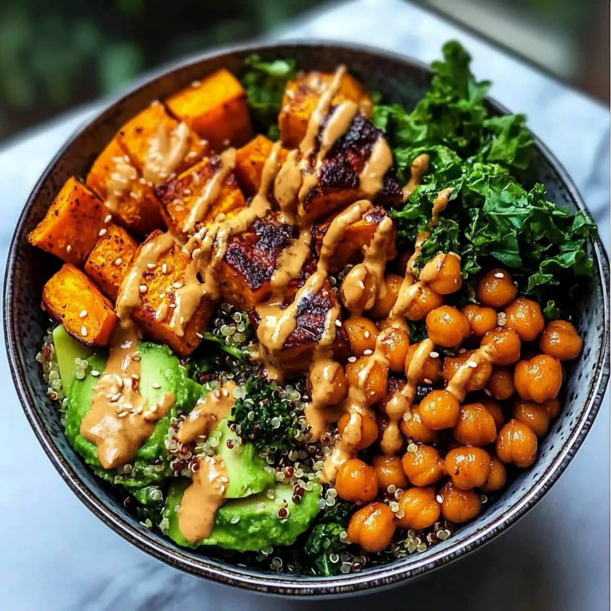 Miso-Glasiertes Süßkartoffel-Buddha-Bowl für Genuss