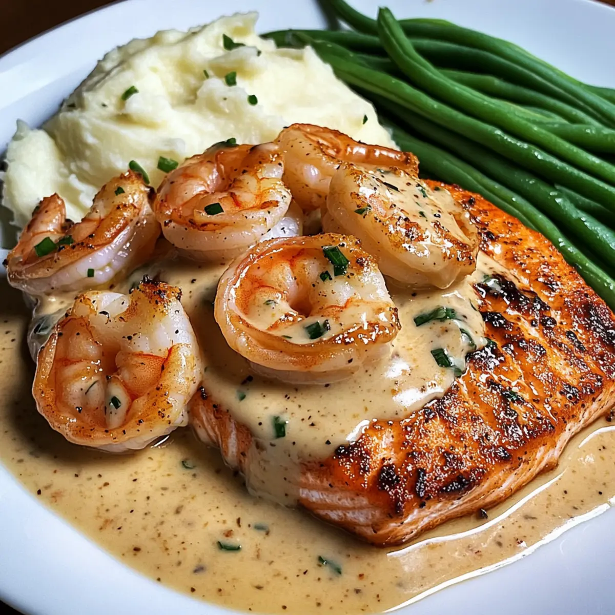 Kreolische Garnelen und Lachs mit Knoblauchcremesauce