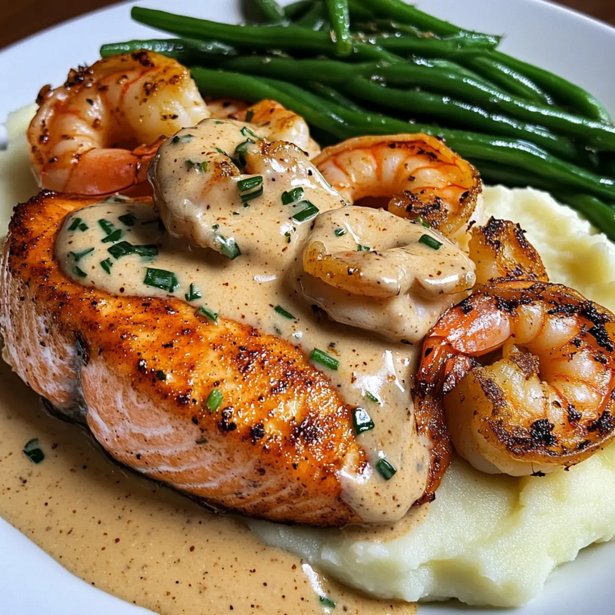 Kreolische Garnelen und Lachs mit Knoblauch-Sahne-Sauce