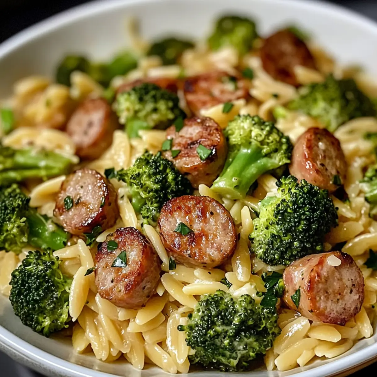 Hühnchenwurst und Brokkoli Orzo in 30 Minuten