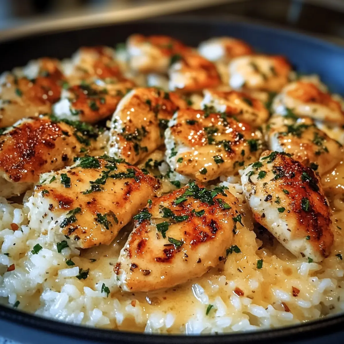 Hühnchen Scampi mit cremigem Knoblauch-Parmesan-Reis